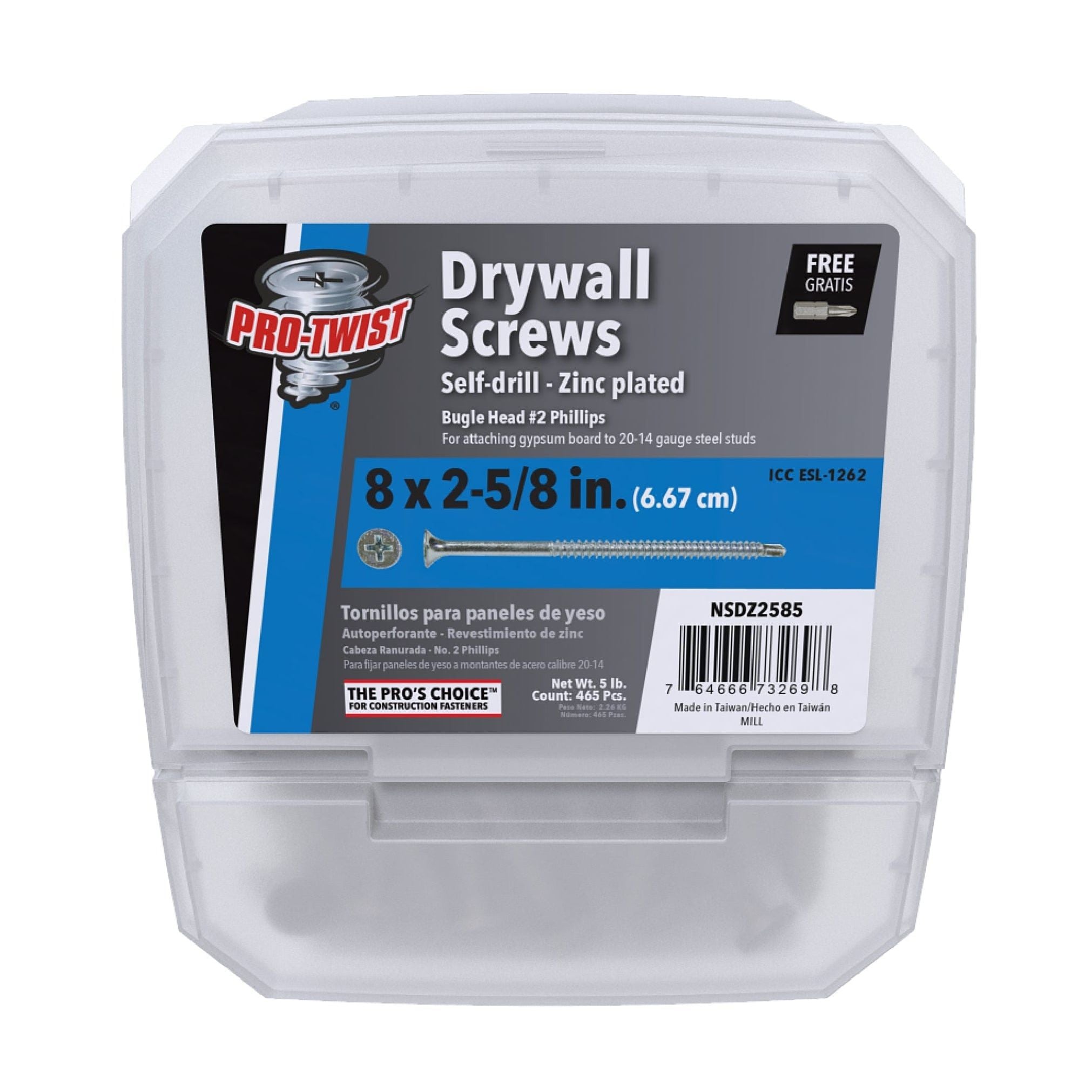 A clear plastic container of Pro-Twist drywall screws, labeled PRO-TWIST NSDZ2585 Zinc Plated, size 8 x 2-5/8 inches with screw images on the front. Ideal for fastening metal studs, these screws are model NG02258S for reliable performance.